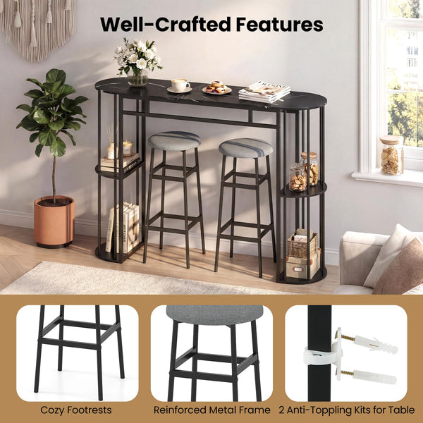 Bar Table Set for 2 with Storage Shelves & Barstools