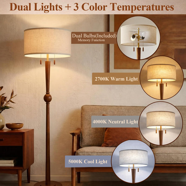 62.8" Wood Floor Lamp with 2-Light Pull Chain & Linen Drum Shade