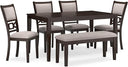 6-Piece Transitional Dining Table Set with Bench and Upholstered Chairs, Seats 6