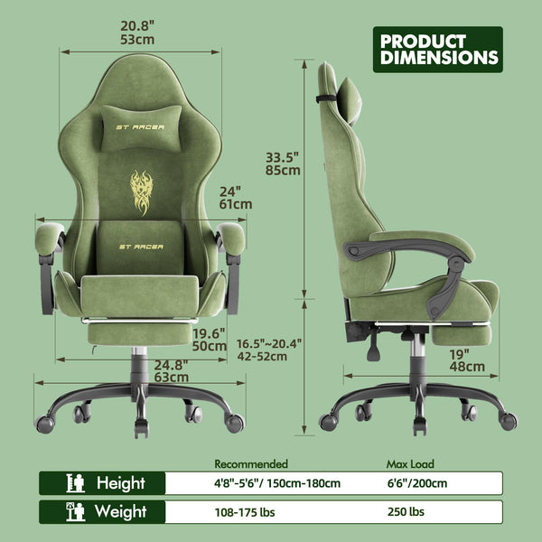 Velvet Gaming Chair with Footrest & Massage Lumbar