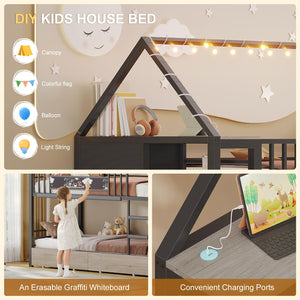 Twin Over Twin House Bunk Bed with Storage Drawers & String Lights