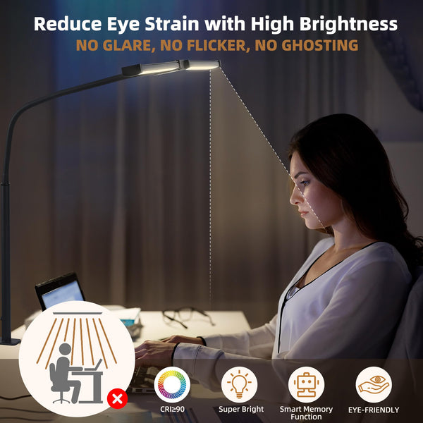 Dual-Head LED Desk Lamp with Clamp – Dimmable, 5 Color Temps, Remote
