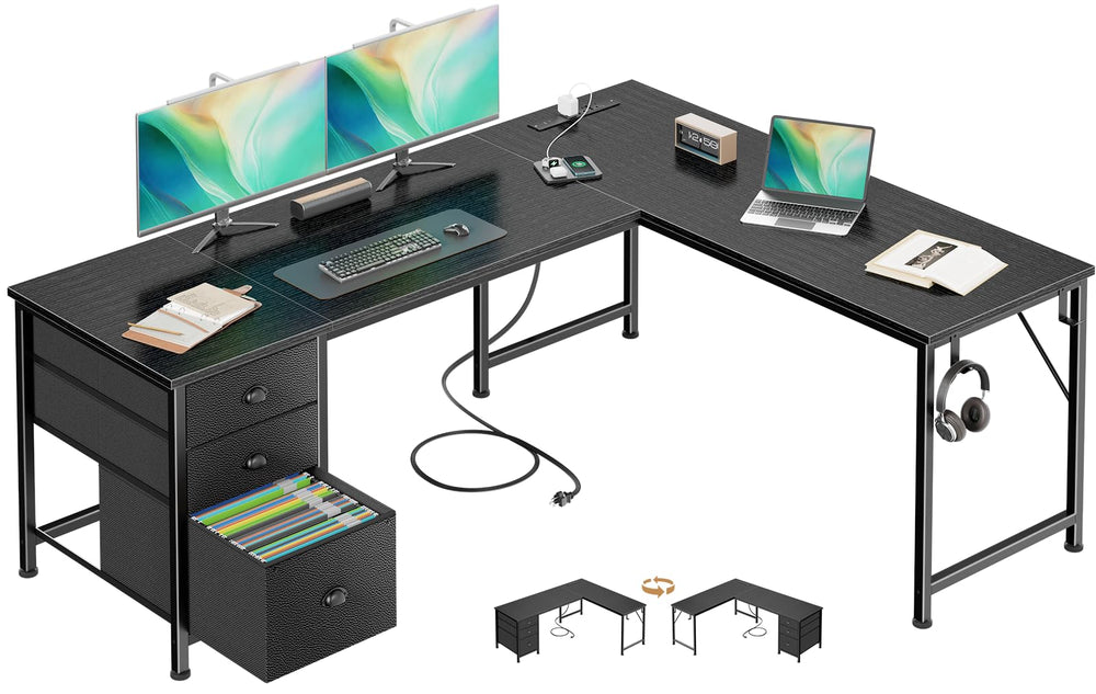 L-Shaped Computer Desk with Power Outlet & USB-C Port, Drawers, File Cabinet & Corner Storage