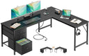 L-Shaped Computer Desk with Power Outlet & USB-C Port, Drawers, File Cabinet & Corner Storage