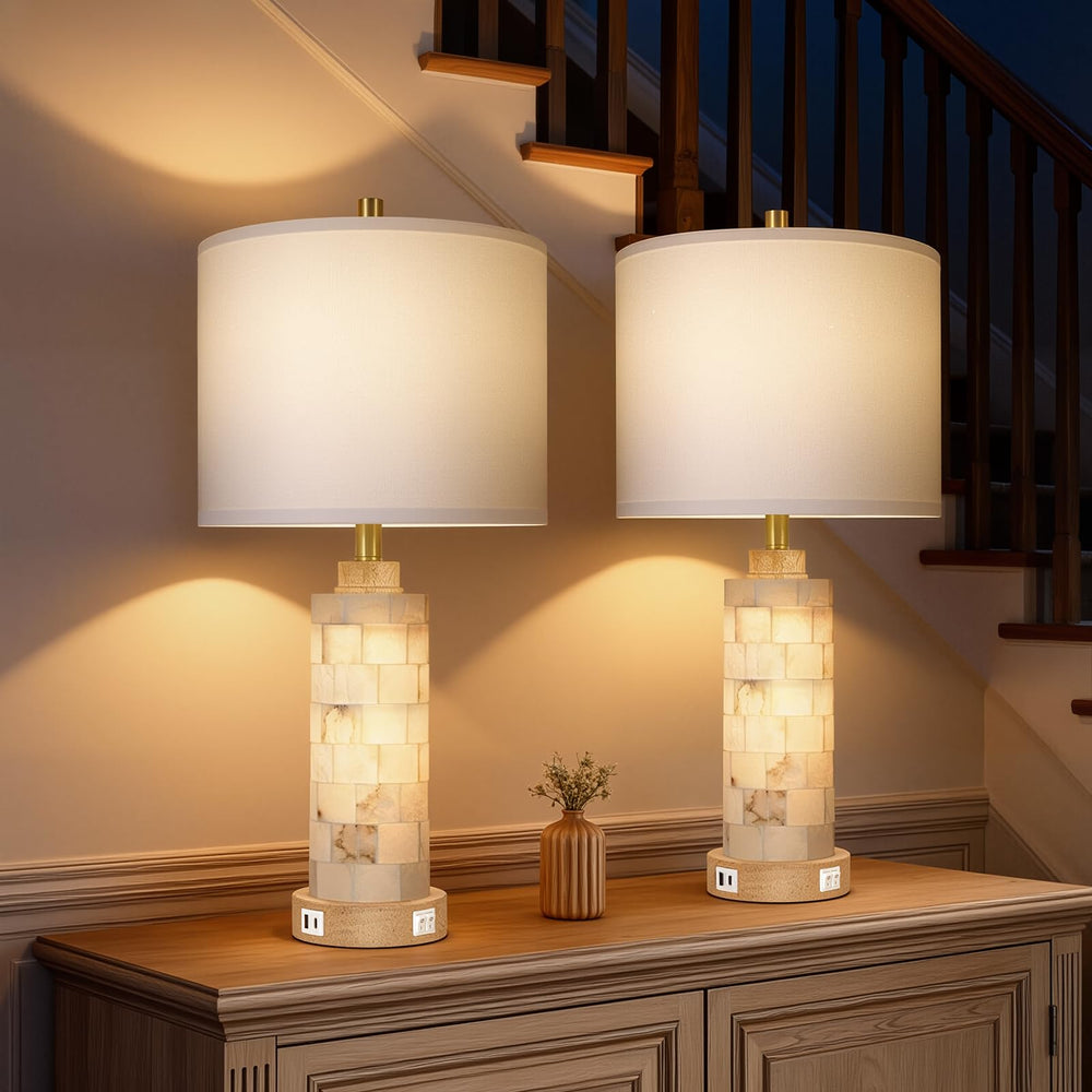 Alabaster & Wood Table Lamp Set of 2 with USB Ports & Night Light