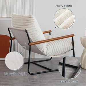 Fluffy Accent Chair with Wooden Arms & Metal Frame