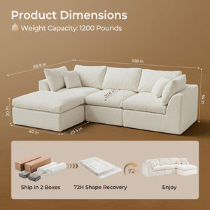 108" Cloud Modular Sectional Sofa with Ottoman & Washable Covers