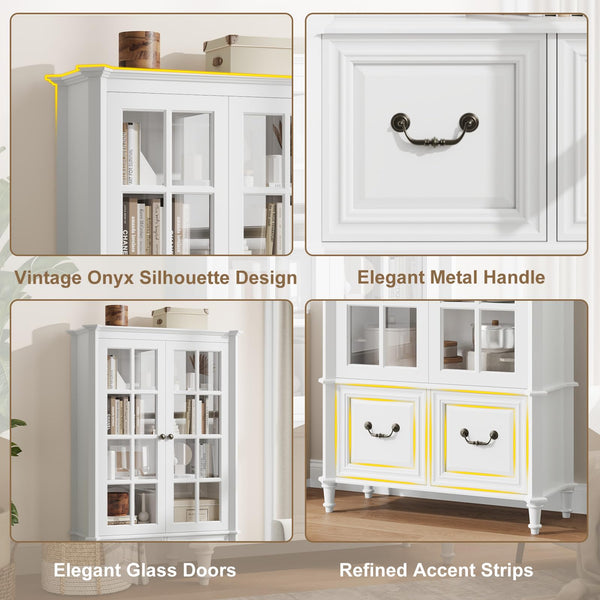 63" Tall Bookshelf with Glass Doors & Drawers