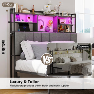 Upholstered Headboard with Storage Shelves, USB Charging & LED Light