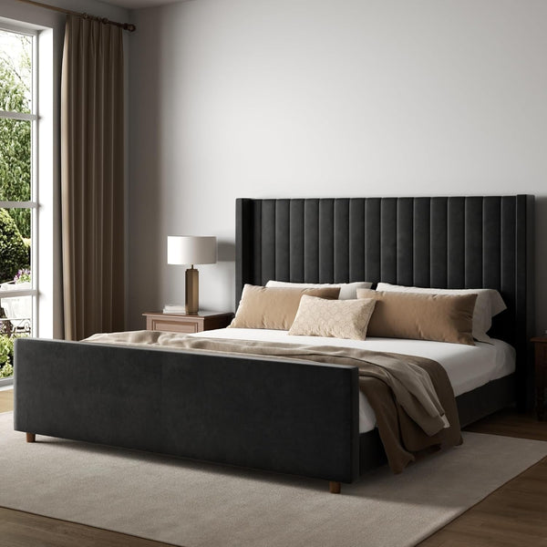 Upholstered Platform Bed with Tall Wingback Headboard