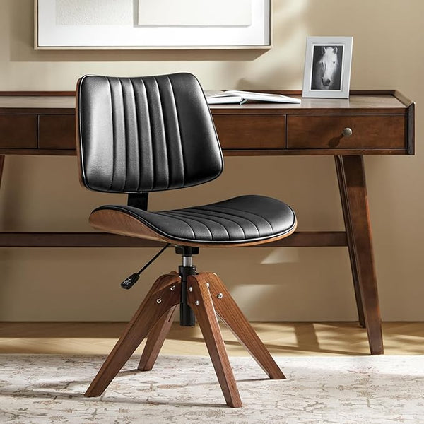 Mid-Century Faux Leather Swivel Desk Chair, Tufted Back, Solid Wood Legs