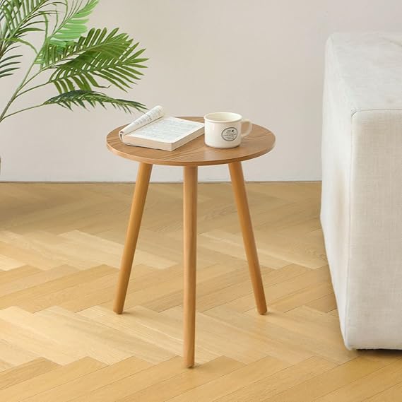 Round Wood Side Table – Small Accent End Table with 3 Legs