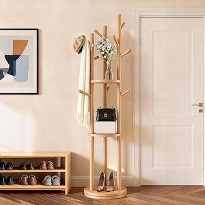 Rotating Solid Wood Coat Rack with 3 Shelves & 9 Hooks