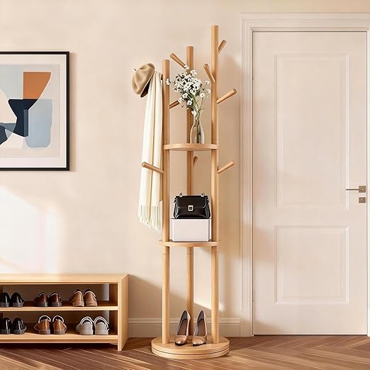 Rotating Solid Wood Coat Rack with 3 Shelves & 9 Hooks