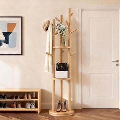 Solid Wood Rotary Coat Rack with Shelves & Hooks