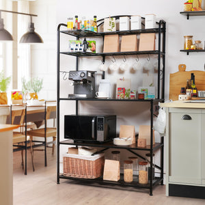 Large Bakers Rack for Kitchen, 40-inch Wide Coffee Bar Station with Power Outlet, 5 Tier Microwave Stand Storage Shelf with S-Shaped Hooks, Metal Frame with Brown Wood Tabletop