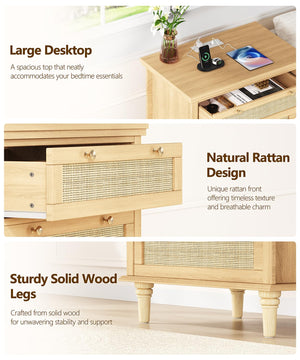 Wide Rattan Nightstand with Charging Station & 3 Drawers