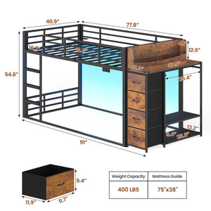 Twin Over Twin Low Bunk Bed with Storage & RGB Lights