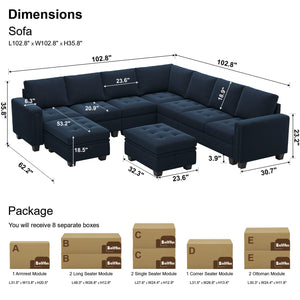 Velvet Modular L-Shape Sectional Sofa with Storage Ottoman