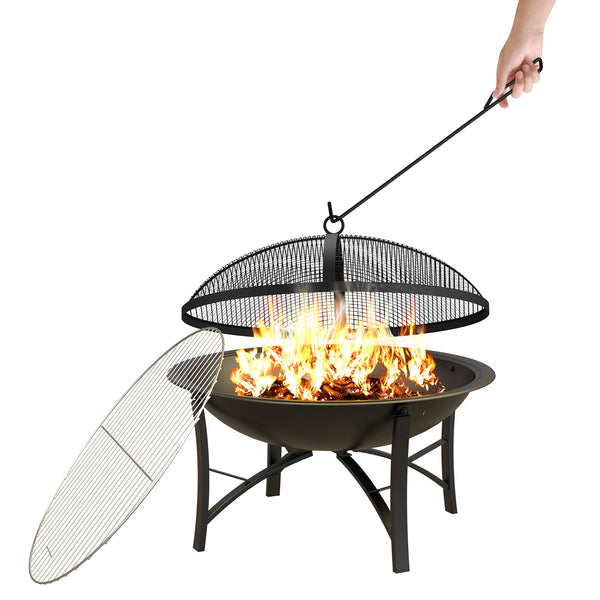 Round Wood Burning Fire Pit with Cooking Grate & Spark Screen
