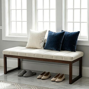 Chummaven 53'' Upholstered Chenille Entryway Bench, Channel Tufted End of Bed Bench Modern Ottoman with Walnut Wood Legs, Padded Window Bench with Storage for Bedroom, Living Room, Camel