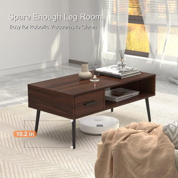 Mid Century Modern Coffee Table with Drawer & Open Storage Shelf