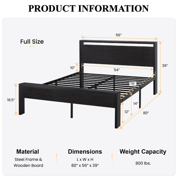 Metal Platform Bed Frame with Wooden Headboard & Footboard