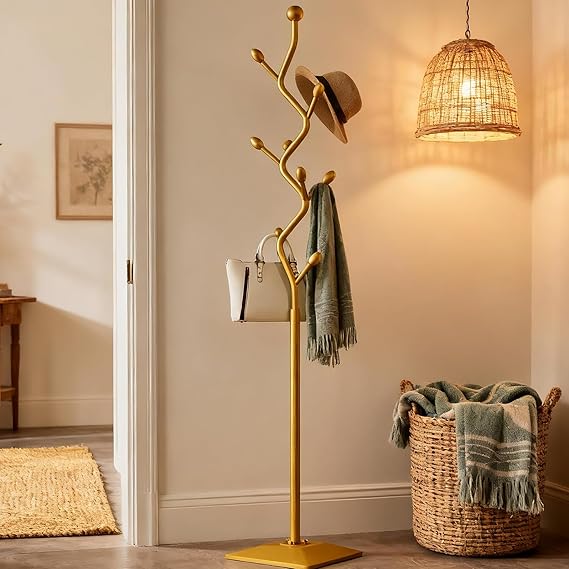 Metal Coat Rack with Marble Base & Storage Tray