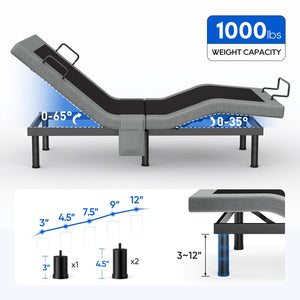 Adjustable Bed Frame with Massage, USB Ports & Wireless Remote – Twin XL / Split King