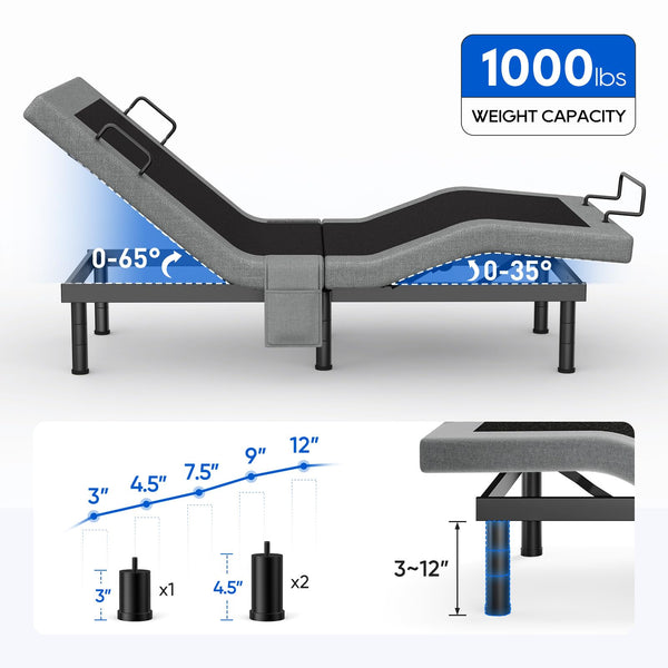 Adjustable Bed Frame with Massage, USB Ports & Wireless Remote – Twin XL / Split King