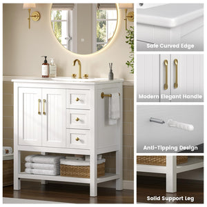 30-Inch Bathroom Vanity with Sink, Towel Holder & 3 Drawers – White