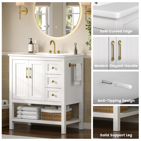 30-Inch Bathroom Vanity with Sink, Towel Holder & 3 Drawers – White