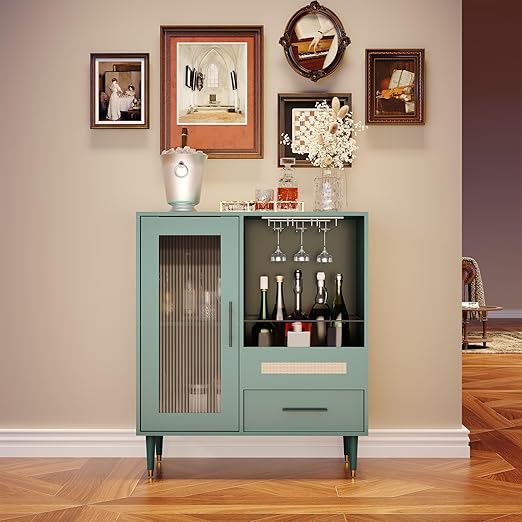 Wine Bar Cabinet with Tempered Glass Doors & Stemware Rack
