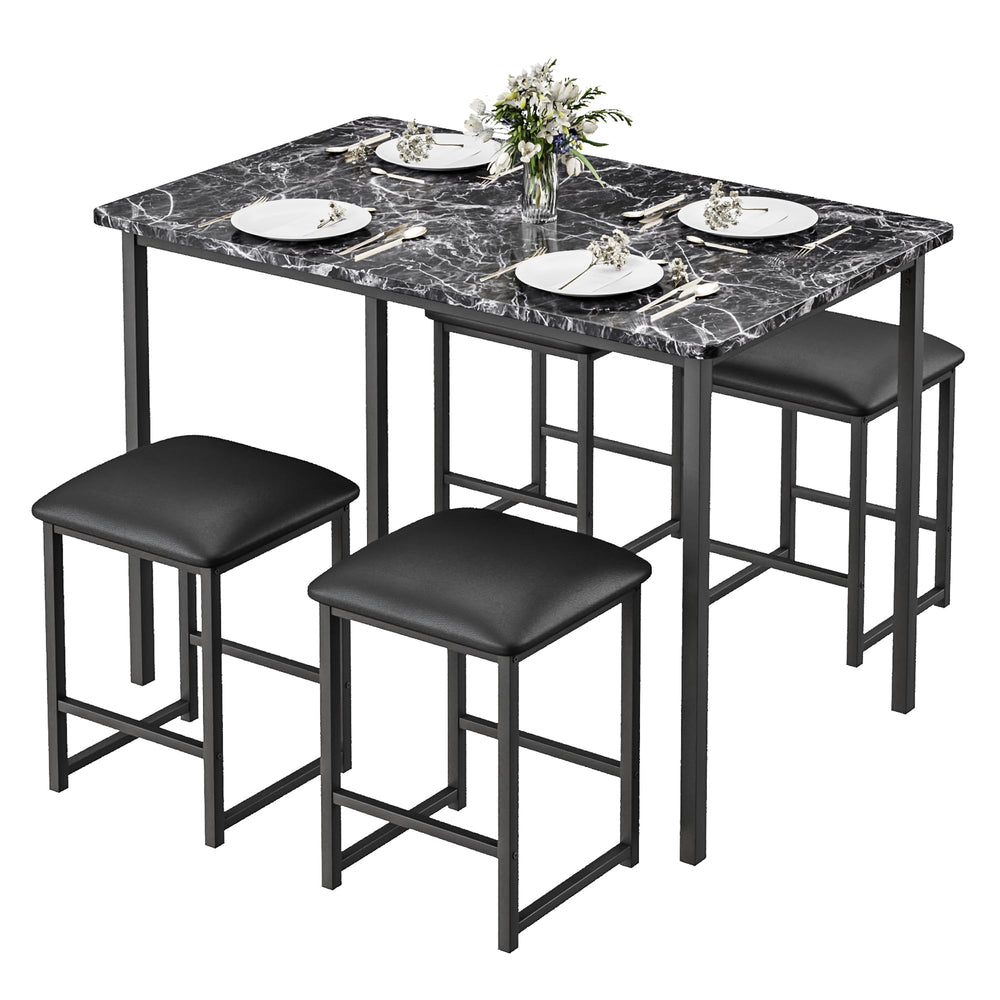 5-Piece Dining Table Set with Faux Marble Top & 4 PU Stools
