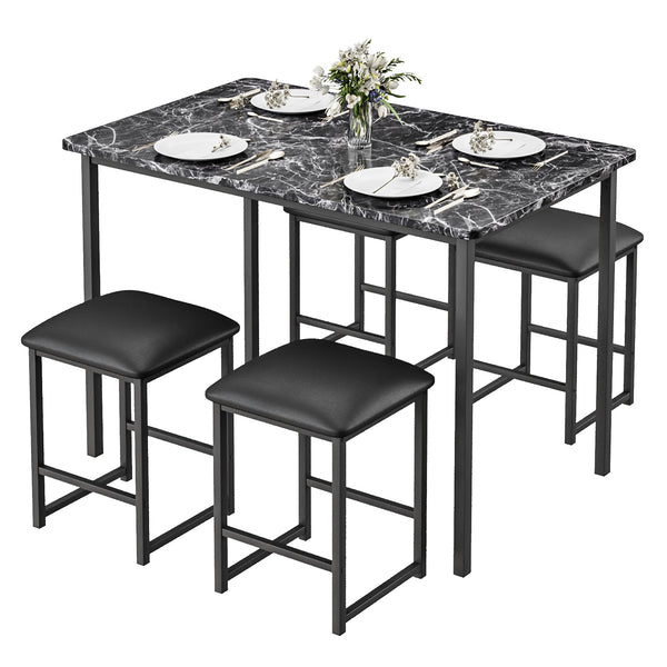 5-Piece Dining Table Set with Faux Marble Top & 4 PU Stools