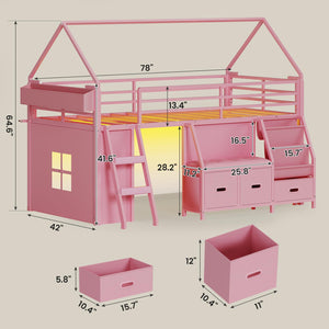 Kids Low Loft Bed Twin with Bookshelf & Reading Nook