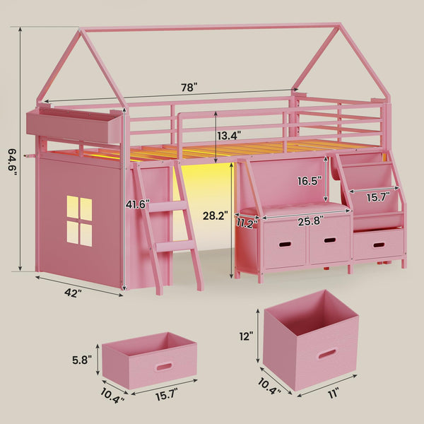 Kids Low Loft Bed Twin with Bookshelf & Reading Nook