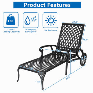Aluminum Outdoor Chaise Lounge Chair with Wheels & Adjustable Backrest
