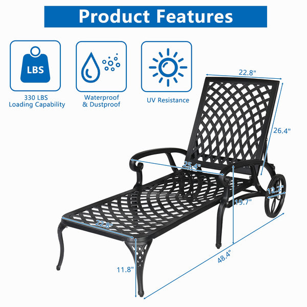 Aluminum Outdoor Chaise Lounge Chair with Wheels & Adjustable Backrest
