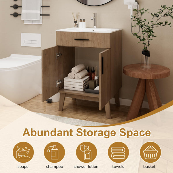 24-Inch Bathroom Vanity with Ceramic Sink & Soft-Close Cabinet