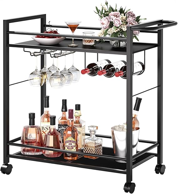 2-Tier Rolling Bar Cart with Wine Rack