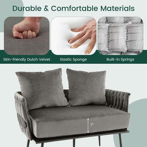 Woven Loveseat Sofa with Velvet Cushion & Metal Legs