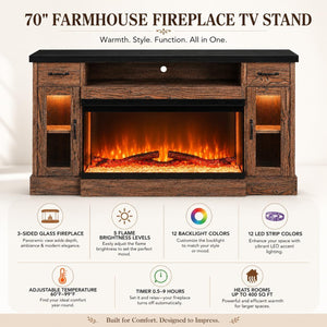 70" Electric Fireplace TV Stand with 3-Sided Glass