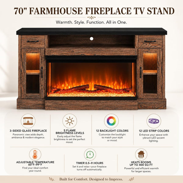 70" Electric Fireplace TV Stand with 3-Sided Glass