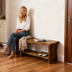 43" Solid Wood Farmhouse Entryway Bench with Storage Shelf