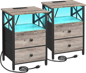 Nightstand Set of 2 with Charging Station & LED Lights
