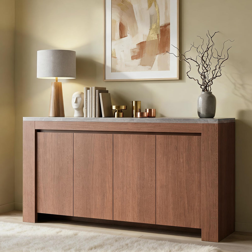 63" Marble Top Sideboard Buffet Cabinet with 4 Doors