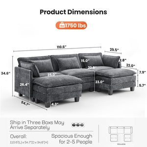 U-Shaped Modular Sectional Sofa with Ottomans & Throw Pillows