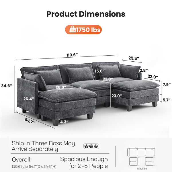 U-Shaped Modular Sectional Sofa with Ottomans & Throw Pillows