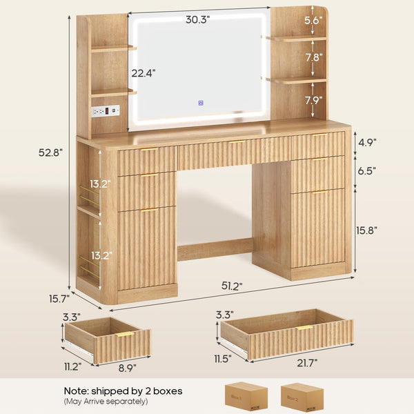 Fluted Makeup Vanity Desk with Mirror & Lights
